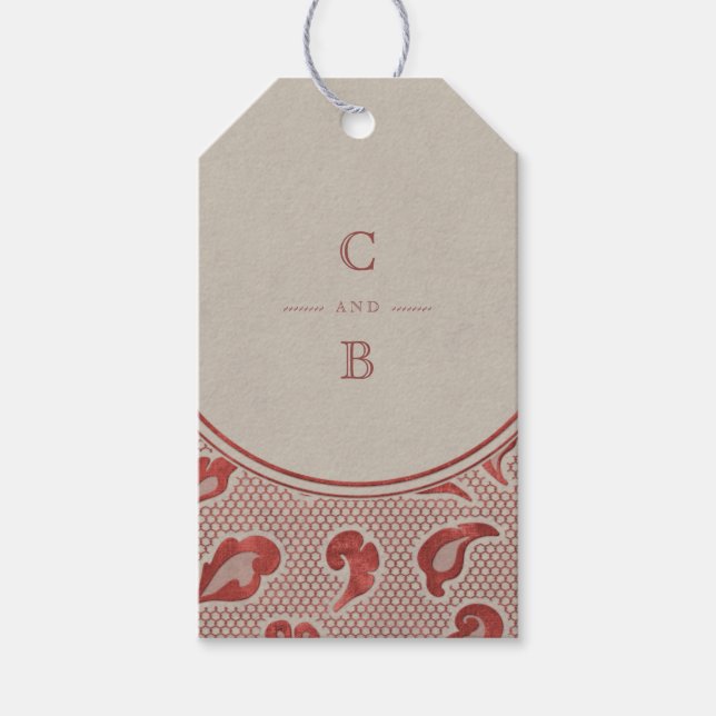 Kraft red Lace rustikales Country Hochzeitmonogram Geschenkanhänger (Vorderseite)