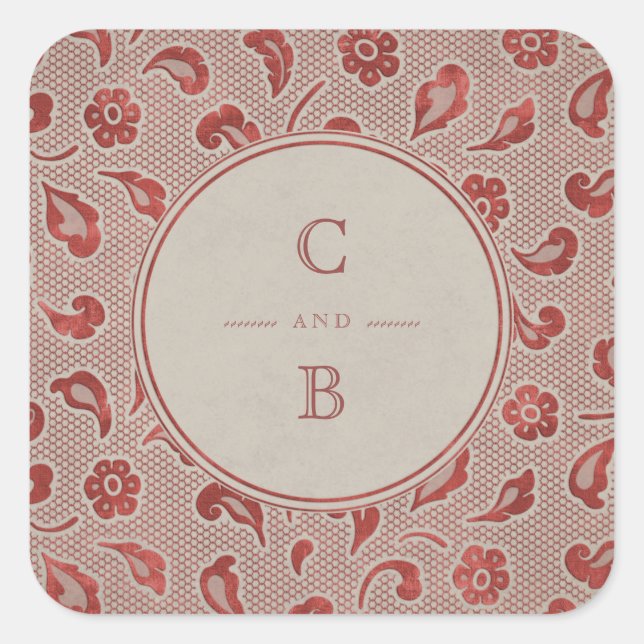 Kraft red Lace rustikales Country Hochzeitmonogram Quadratischer Aufkleber (Vorderseite)