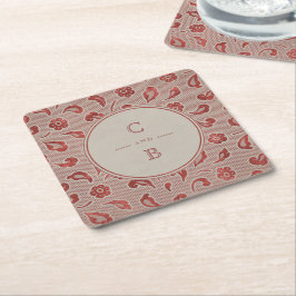 Kraft red Lace rustikales Country Hochzeitmonogram Rechteckiger Pappuntersetzer