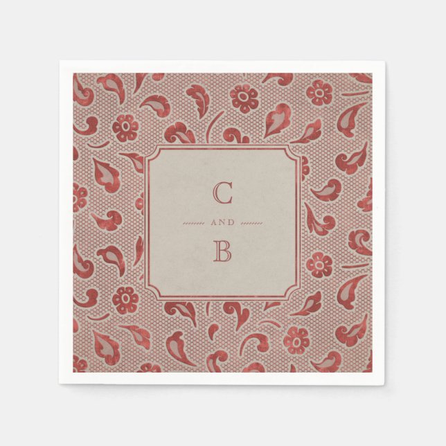 Kraft red Lace rustikales Country Hochzeitmonogram Serviette (Vorderseite)