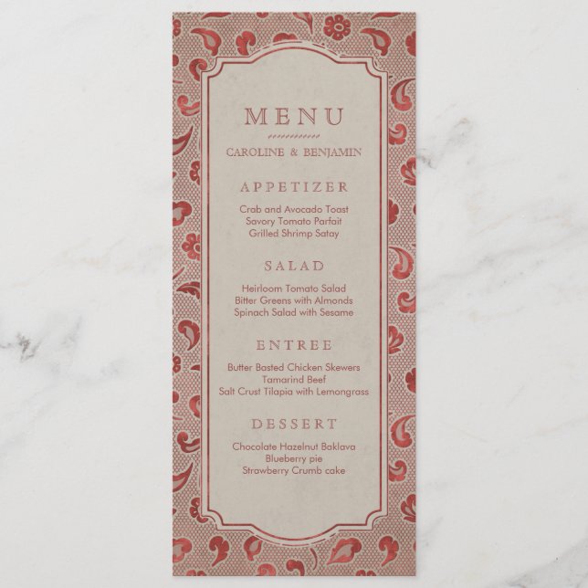 Kraft red Lace rustikales Hochzeitmenü Menükarte (Vorderseite)