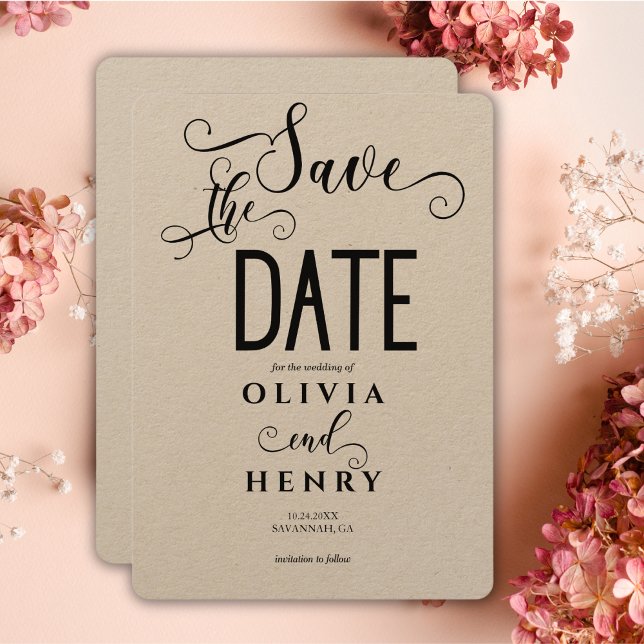 Kraft Romantische Kalligrafie-Schrift Foto QR-Code Save The Date (Von Creator hochgeladen)