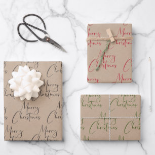 Kraft Rustic Frohe Weihnachten Schwarz Grün Geschenkpapier Set