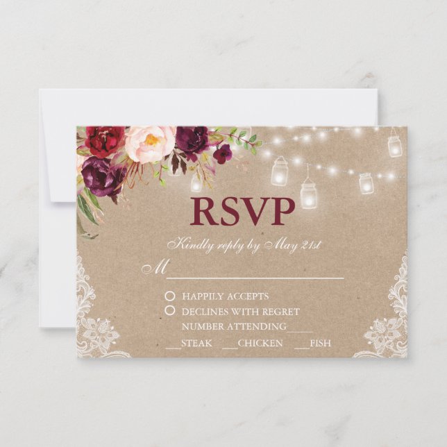 Kraft Rustic Wedding Jar Lights Lace Floral UAWG RSVP Karte (Vorderseite)