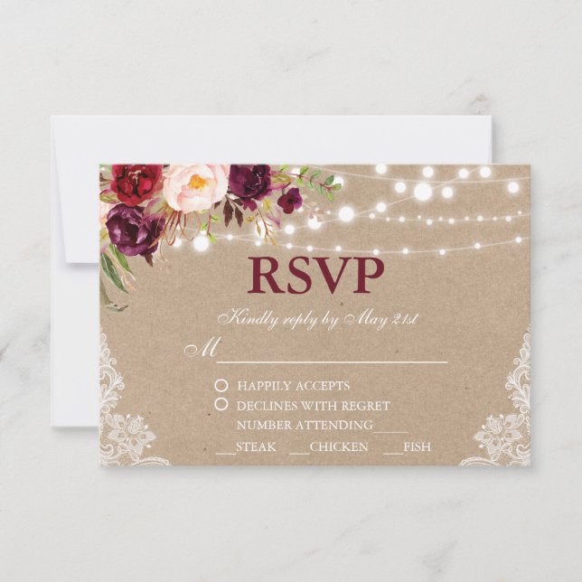 Kraft Rustic Wedding Lace Floral UAWG w/Meal B RSVP Karte (Vorderseite)