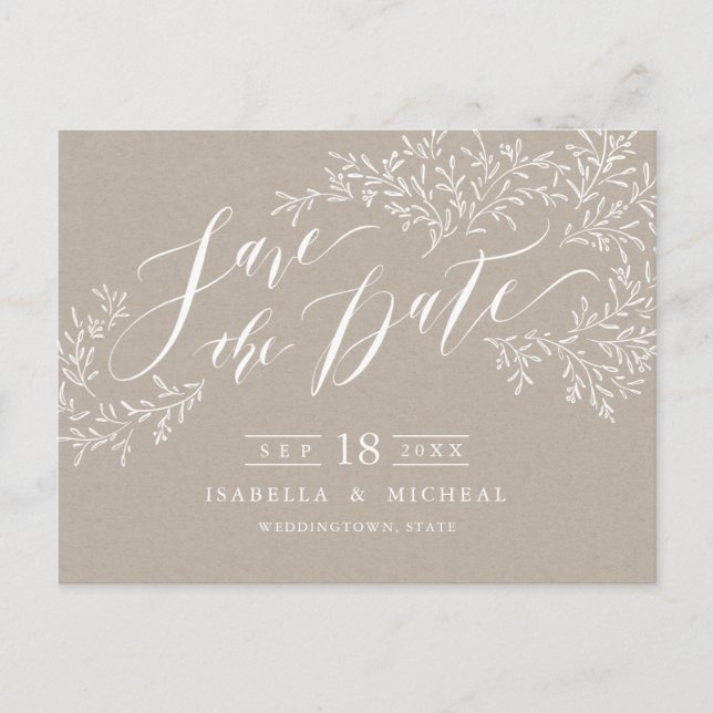 Kraft rustikale Blumenkalligraphie Save the Date Ankündigungspostkarte (Vorderseite)
