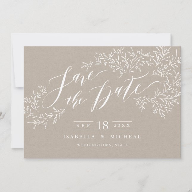 Kraft rustikale florale Kalligrafie Save-the-Date- Save The Date (Vorderseite)