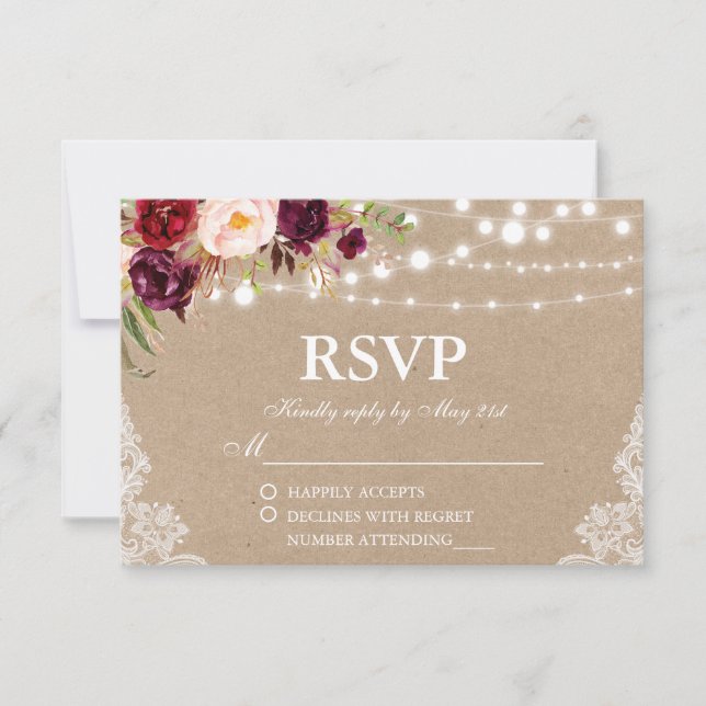 Kraft Rustikale Hochzeitbeleuchtung Spitzen UAWG RSVP Karte (Vorderseite)