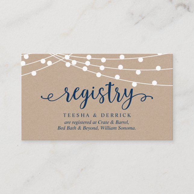 Kraft-Saitenleuchten, Navy Blue, Wedding Registry Begleitkarte (Vorderseite)