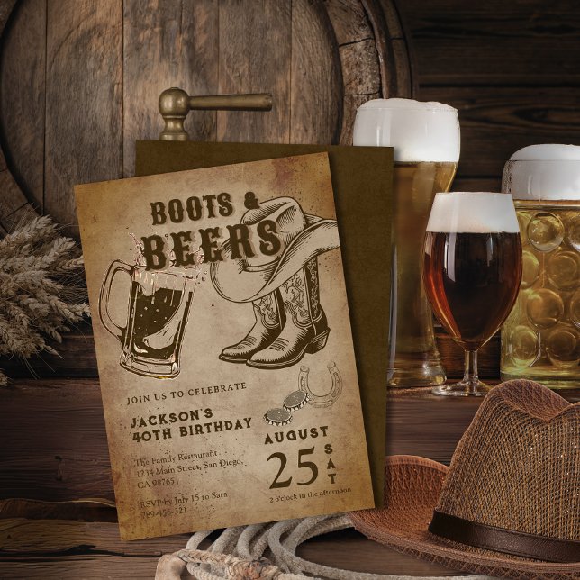 Kraft Sketch Western Cowboy Boots & Bers Geburtsta Einladung (Kraft Sketch Western Cowboy Boots & Beers Birthday Invitation)