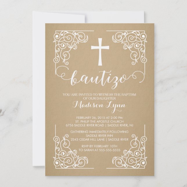 Kraft Spanish Taufe Christening Cross Einladung (Vorderseite)