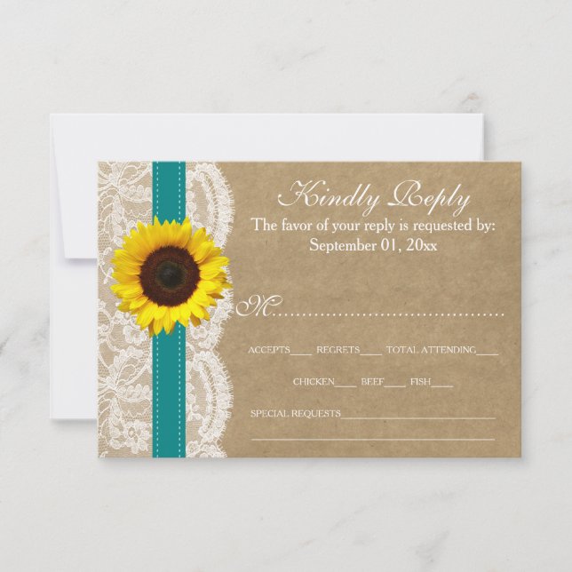 Kraft-, Spitzen- und Sonnenblumen-Kollektion - Aqu RSVP Karte (Vorderseite)