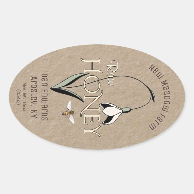 Kraft Spring Honey Label mit Snowdrop-Blume Ovaler Aufkleber (Vorderseite)