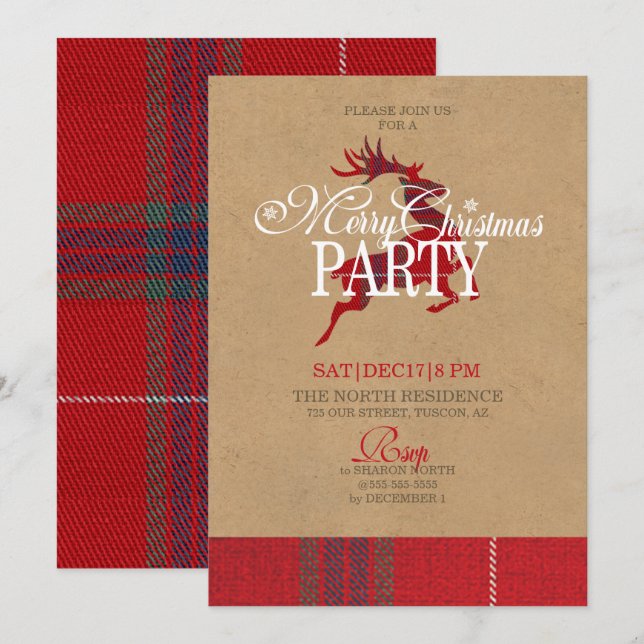 Kraft & Tartan Reindeer Weihnachts-Party ID589 Einladung (Vorne/Hinten)