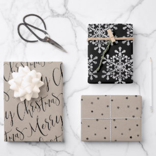Kraft und schwarz frohe Weihnachts-Schneeflocken S Geschenkpapier Set