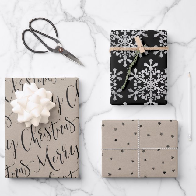 Kraft und schwarz frohe Weihnachts-Schneeflocken S Geschenkpapier Set (Vorderseite)