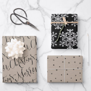 Kraft und Schwarz Frohe Weihnachtsschneeflocken St Geschenkpapier Set