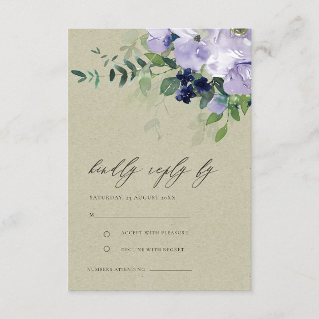 Kraft Violet Lila Blütenblätter Hochzeit RSVP Begleitkarte (Vorderseite)