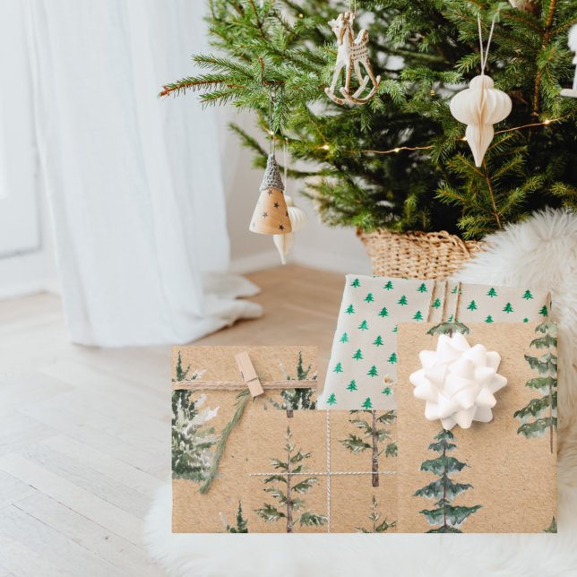 Kraft Wasserfarbe Weihnachtsgrün Pine Tree Geschenkpapier Set (Von Creator hochgeladen)