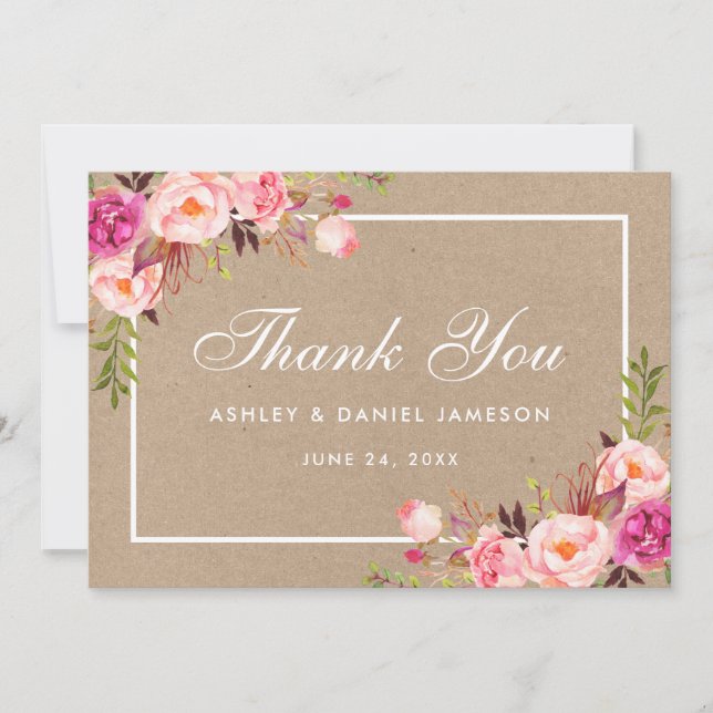 Kraft Watercolor Floral Pink Blush Wedding Dank Dankeskarte (Vorderseite)