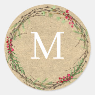 Kraft-Weihnachtskranz-Monogrammsiegel Runder Aufkleber