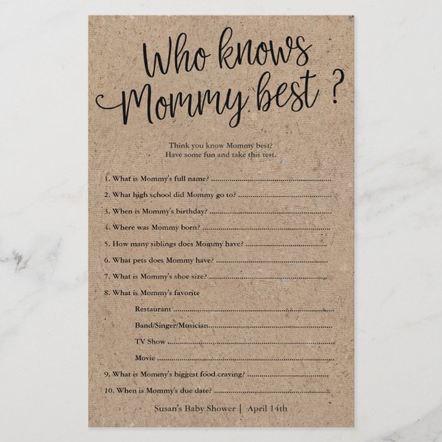 Kraft Who Know's Mommy Best Shower Paper Game Card Flyer (Vorne)