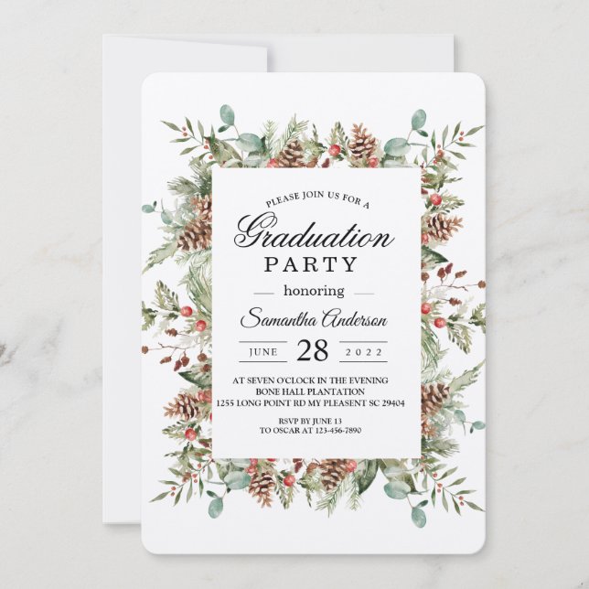 Kraft Winter Green Pine Cone Frame Einladung (Vorderseite)