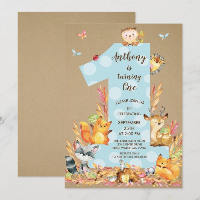 Kraft Woodland One Boys Birthday Einladung (Vorne/Hinten)