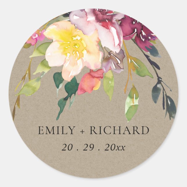 KRAFT YELLOW BLUSH BURGUNDY FLORAL BUNCH WEDING RUNDER AUFKLEBER (Vorderseite)