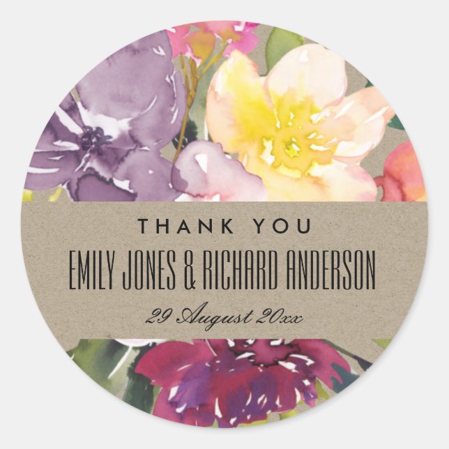 KRAFT YELLOW BLUSH BURGUNDY FLORAL DANKE RUNDER AUFKLEBER (Vorderseite)