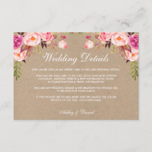 Kraftholzkarte mit floralen Rosa-Hochzeitsdetails  Begleitkarte