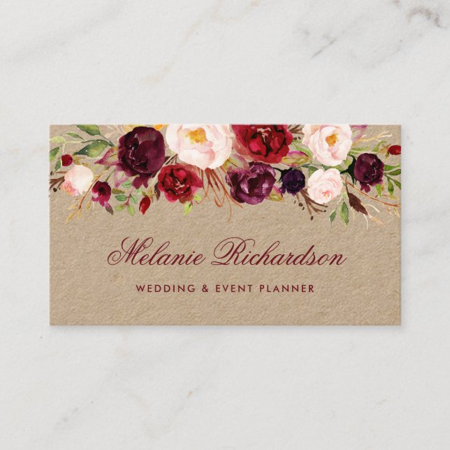 Kraftpapier-Aquarell Burgunder Marsala mit Blumen Visitenkarte (Vorderseite)