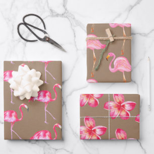 Kraftpapier Aquarell rosa Flamingos Floral Geschenkpapier Set