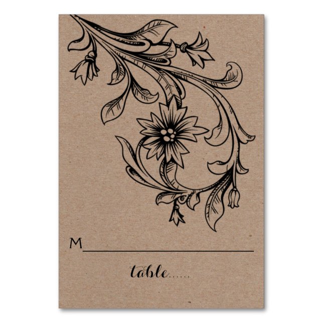 Kraftpapier blühe Hochzeitskarte Tischnummer (Vorderseite)