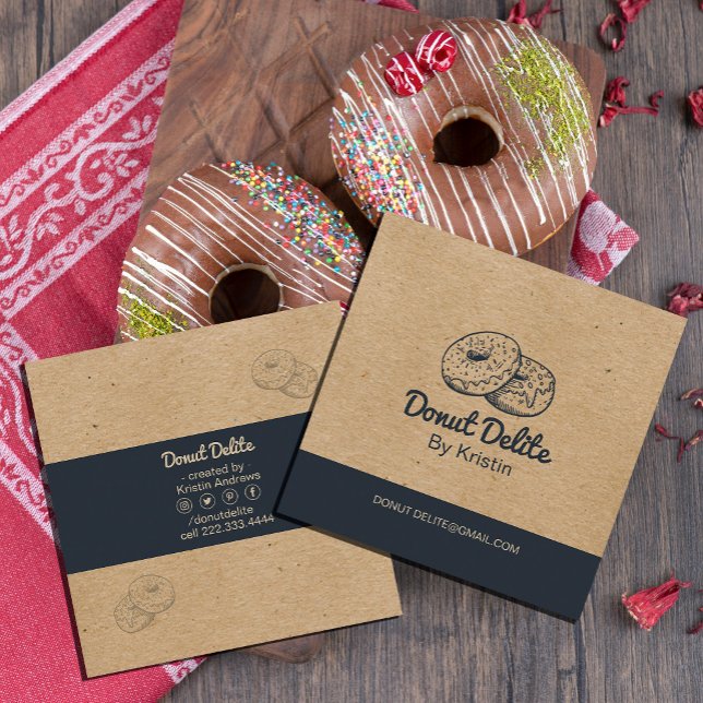 Kraftpapier Donut Square Business Card Quadratische Visitenkarte (craft paper business card #donut #simplecard #calligraphy #script #drawingdonut)