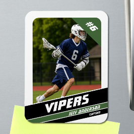 Kraftvoller grüner weißer Lacrosse-Spieler-Foto-Ma Magnet