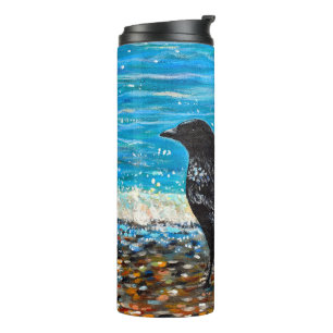 Krähe am Strand 2 Gemälde Thermosbecher