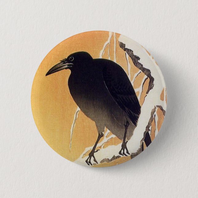 Krähe auf einer Niederlassung durch Ohara Koson Button (Vorderseite)