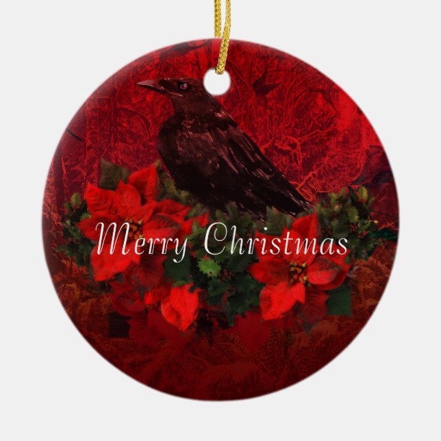 Krähe auf Poinsettias und Keramik Ornament (Vorne)