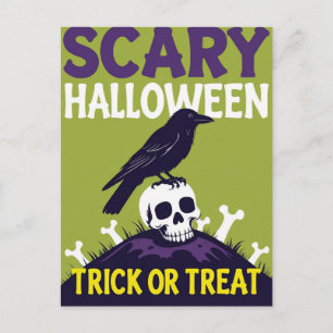 Krähe auf Totenkopf Trick oder Treat Halloween Feiertagspostkarte