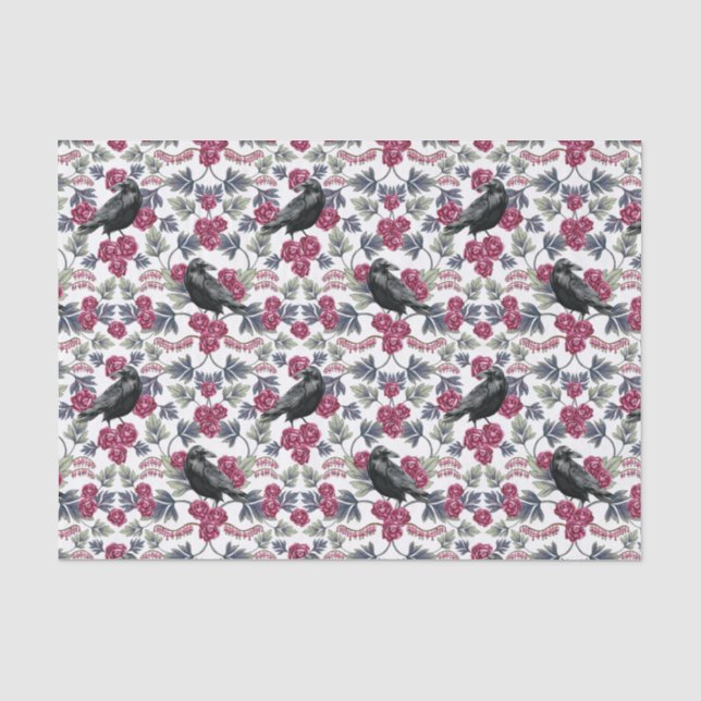 Krähe, blutendes Herz u. Rosen-Blumenmuster Seidenpapier (Vorderseite)