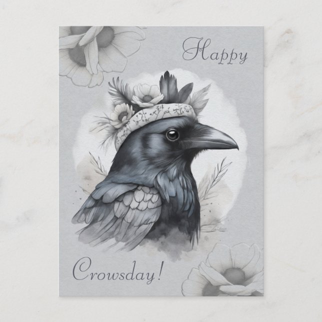 Krähe Crow Rabe Portrait Blumen Karte Postkarte (Vorderseite)