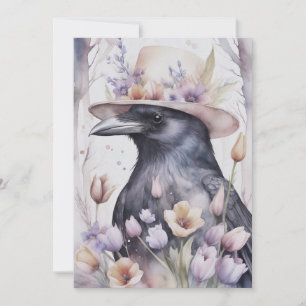 Krähe Rabe Crow mit Hut und Blumen Watercolor Feiertagskarte