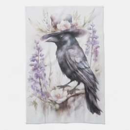 Krähe Rabe Crow mit Hut und Blumen Watercolor Geschirrtuch