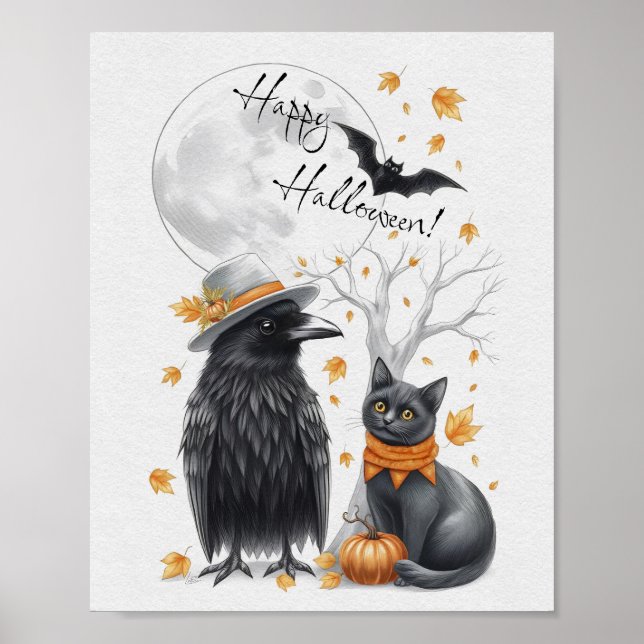 Krähe und Katze Halloween Crow Poster (Vorne)