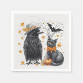 Krähe und Katze Halloween Herbst Crow  Serviette