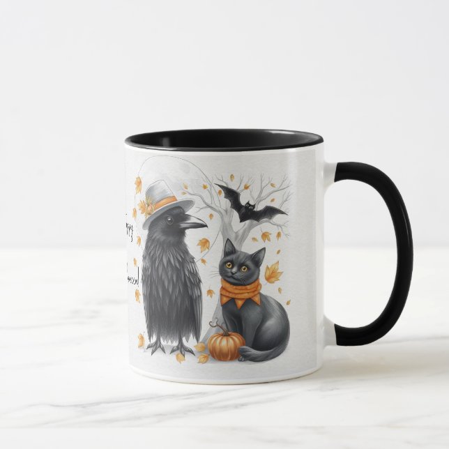 Krähe und Katze „Happy Halloween!“ Crow Tasse (Rechts)