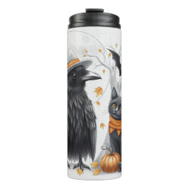 Krähe und Katze „Happy Halloween!“ Crow Thermosbecher