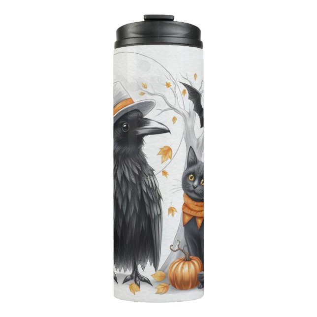 Krähe und Katze „Happy Halloween!“ Crow Thermosbecher (Vorderseite)