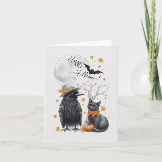 Krähe und Katze Herbst Halloween Crow Grußkarte Dankeskarte (Vorderseite)